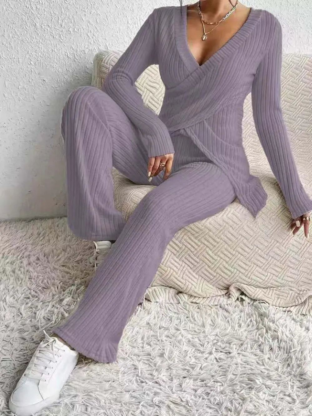 Surplice Long Sleeve Top and Pants Set - LODIMAE FASHION 