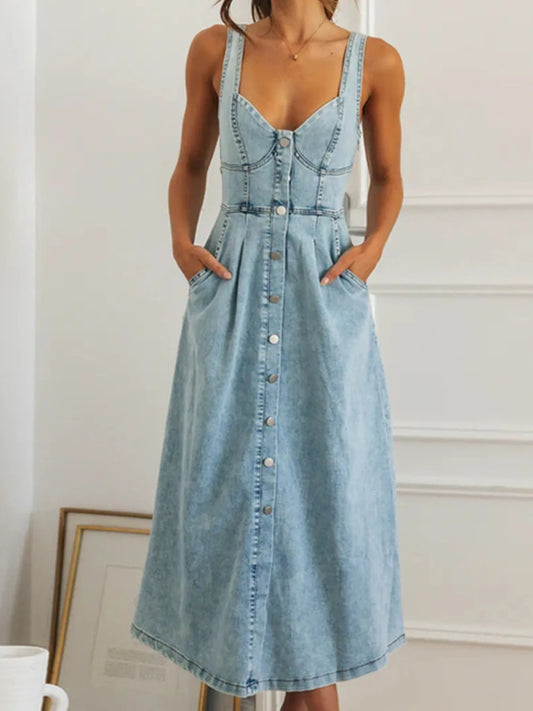 Sweetheart Neck Button-Front Midi Denim Dress - LODIMAE FASHION 