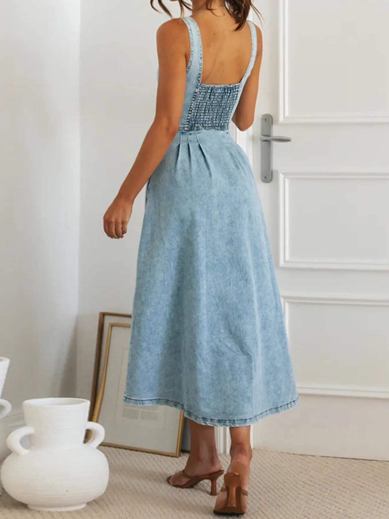 Sweetheart Neck Button-Front Midi Denim Dress - LODIMAE FASHION 