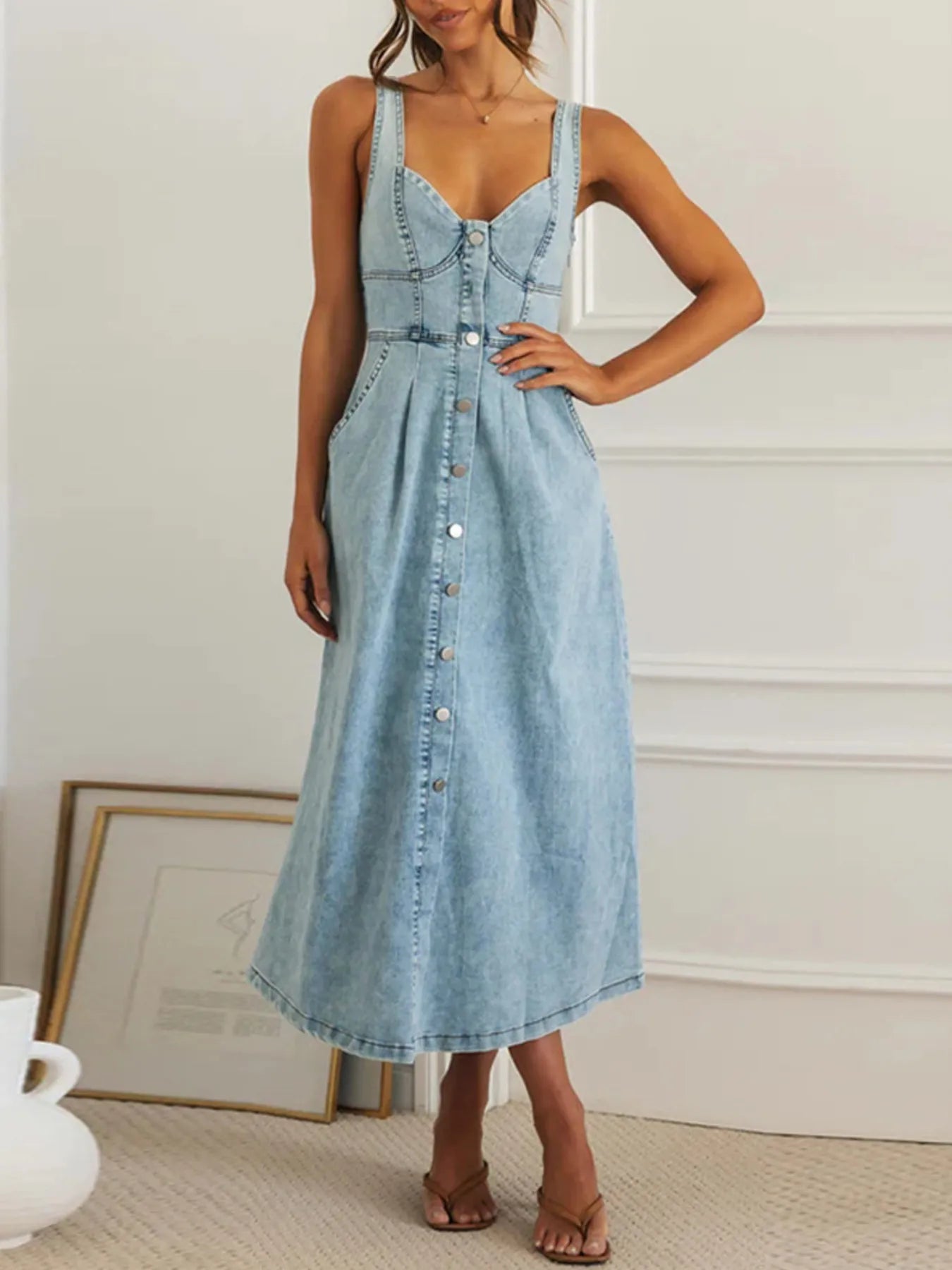 Sweetheart Neck Button-Front Midi Denim Dress - LODIMAE FASHION 