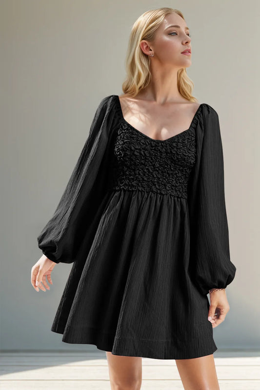 Texture Smocked Balloon Sleeve Mini Dress - LODIMAE FASHION 