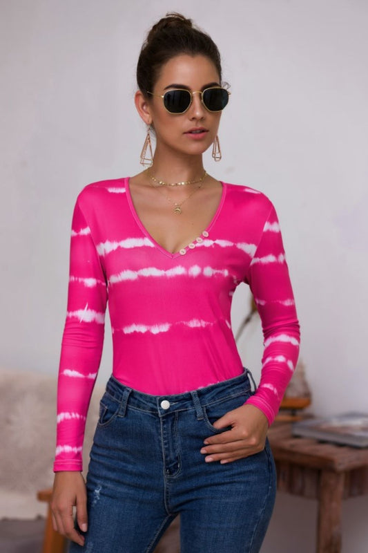 Tie-Dye Plunge Long Sleeve Top - LODIMAE FASHION 