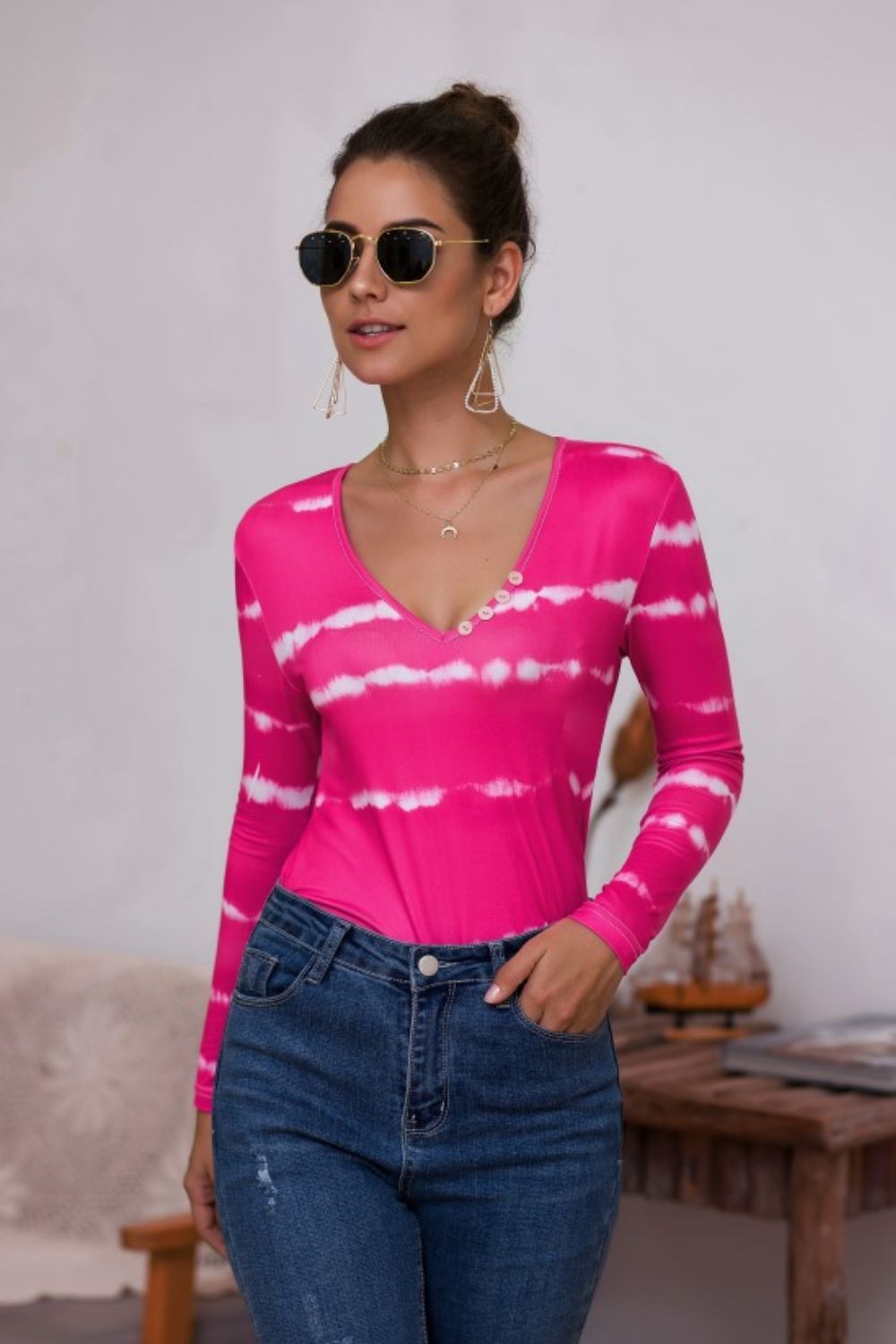 Tie-Dye Plunge Long Sleeve Top - LODIMAE FASHION 