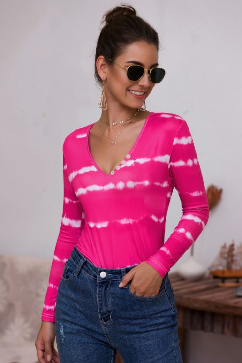 Tie-Dye Plunge Long Sleeve Top - LODIMAE FASHION 