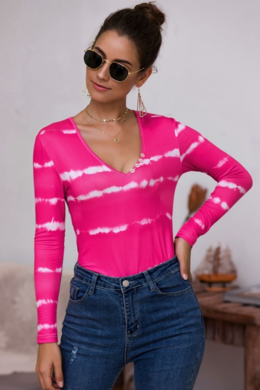 Tie-Dye Plunge Long Sleeve Top - LODIMAE FASHION 