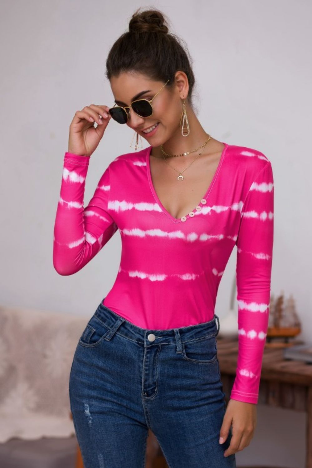 Tie-Dye Plunge Long Sleeve Top - LODIMAE FASHION 