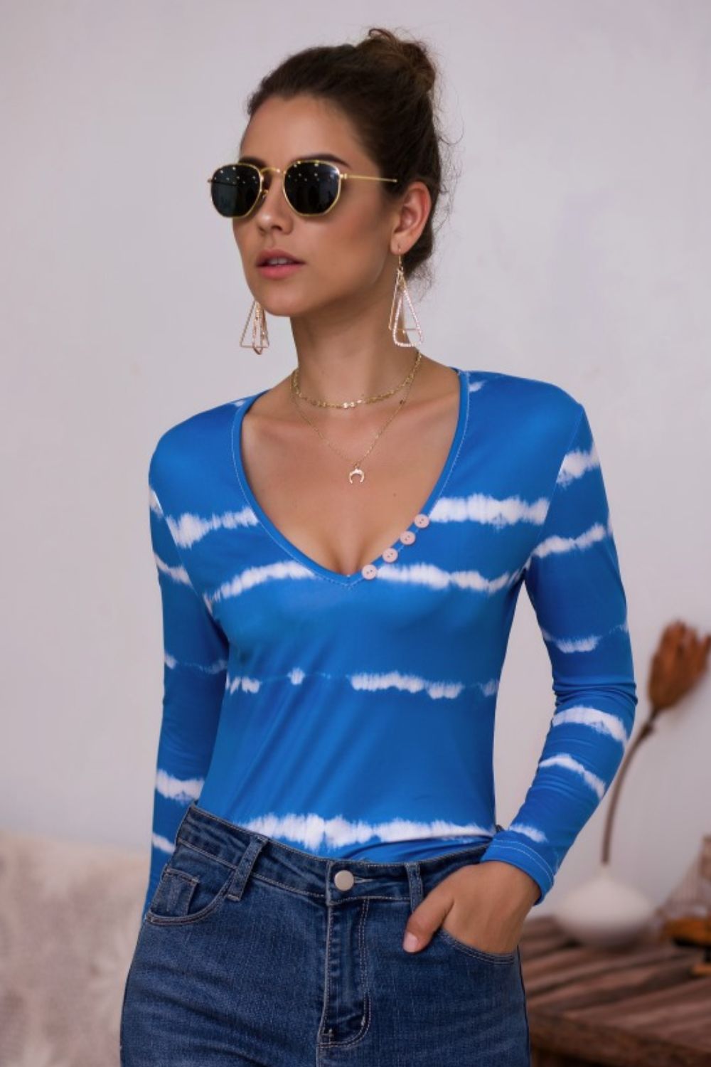 Tie-Dye Plunge Long Sleeve Top - LODIMAE FASHION 