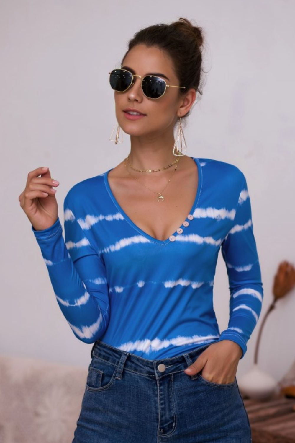 Tie-Dye Plunge Long Sleeve Top - LODIMAE FASHION 