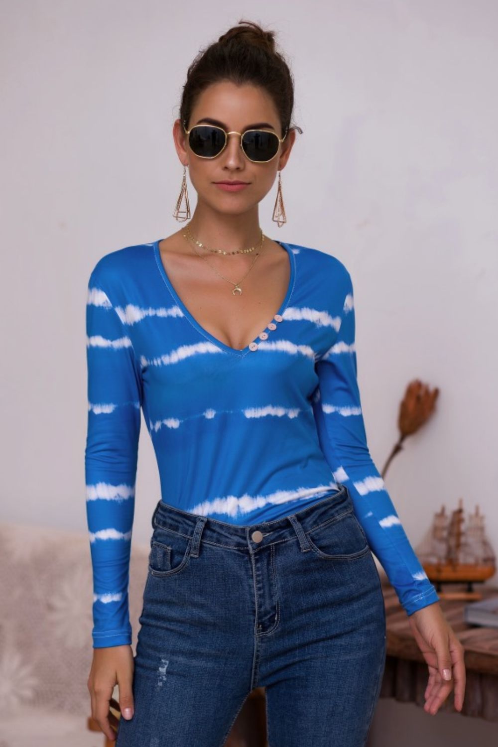 Tie-Dye Plunge Long Sleeve Top - LODIMAE FASHION 