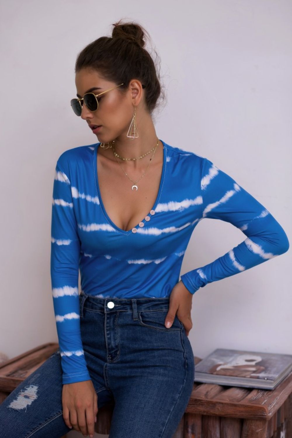 Tie-Dye Plunge Long Sleeve Top - LODIMAE FASHION 