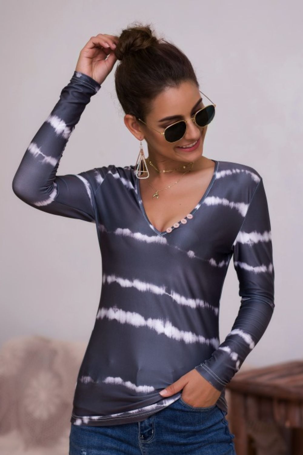 Tie-Dye Plunge Long Sleeve Top - LODIMAE FASHION 