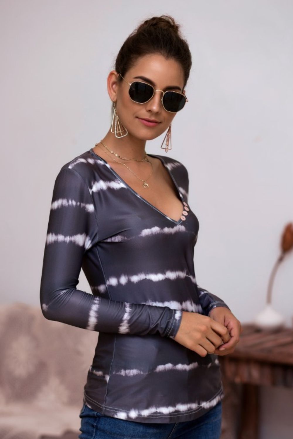 Tie-Dye Plunge Long Sleeve Top - LODIMAE FASHION 