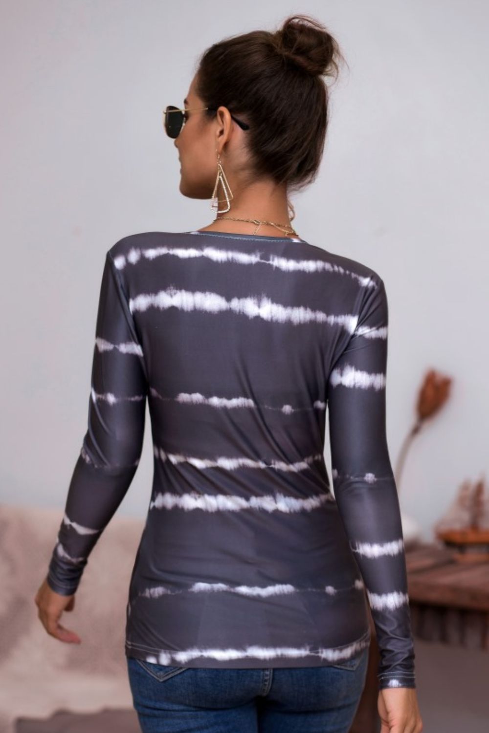 Tie-Dye Plunge Long Sleeve Top - LODIMAE FASHION 