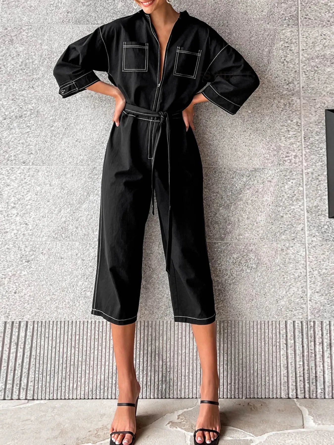 Tie Waist Wide Leg Jumpsuit - LODIMAE FASHION 