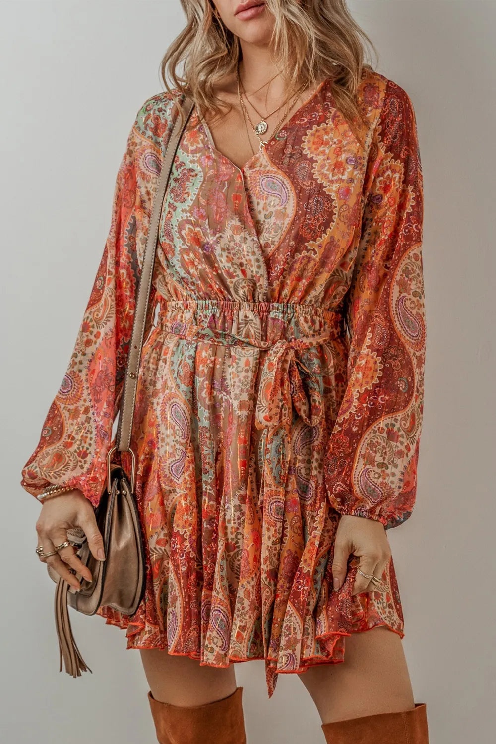 Tied Printed Balloon Sleeve Mini Dress - LODIMAE FASHION 