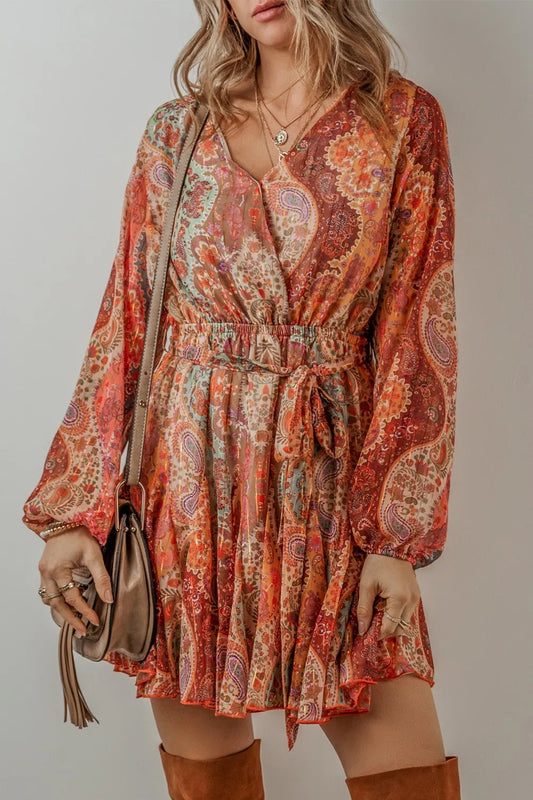 Tied Printed Balloon Sleeve Mini Dress - LODIMAE FASHION 