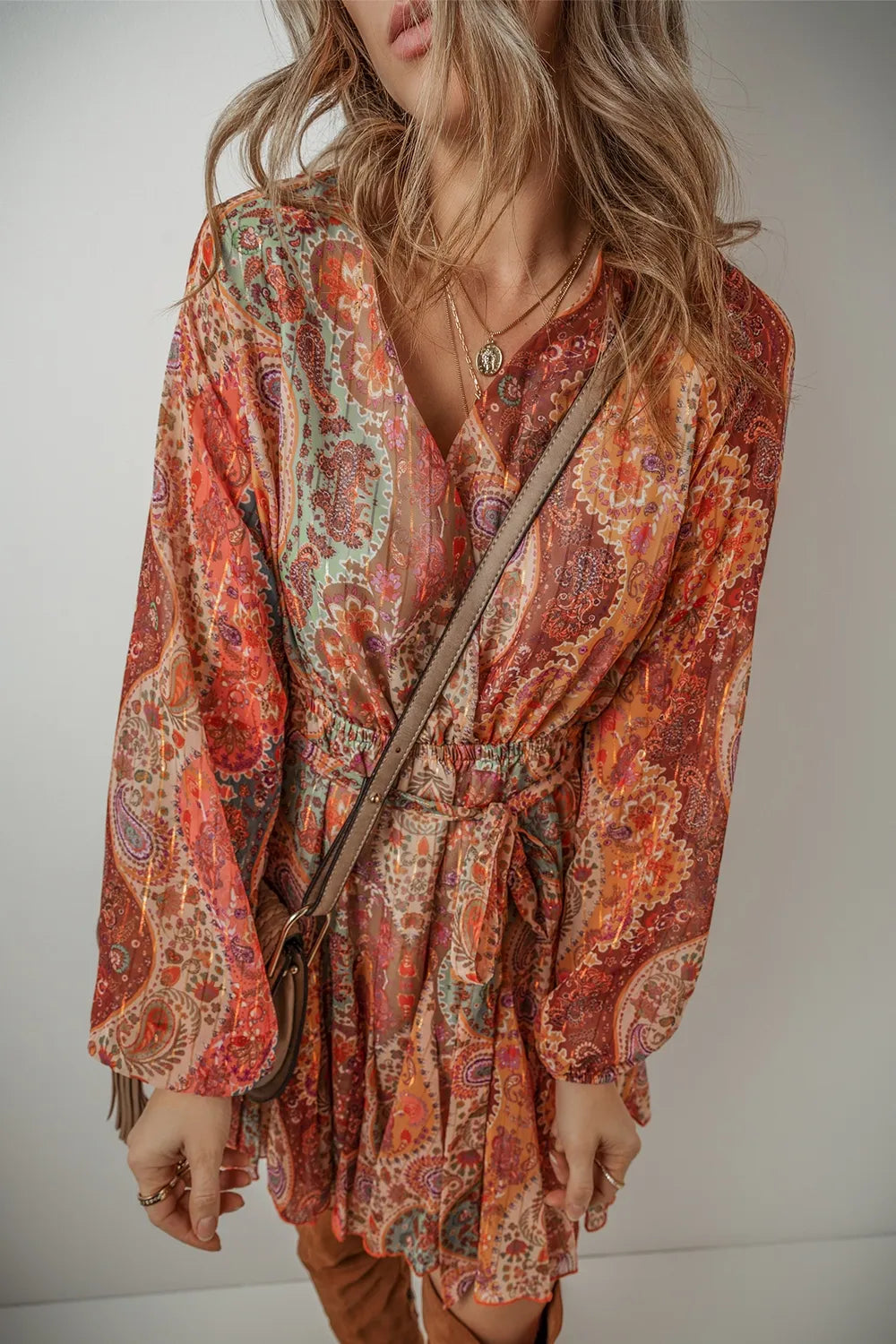 Tied Printed Balloon Sleeve Mini Dress - LODIMAE FASHION 