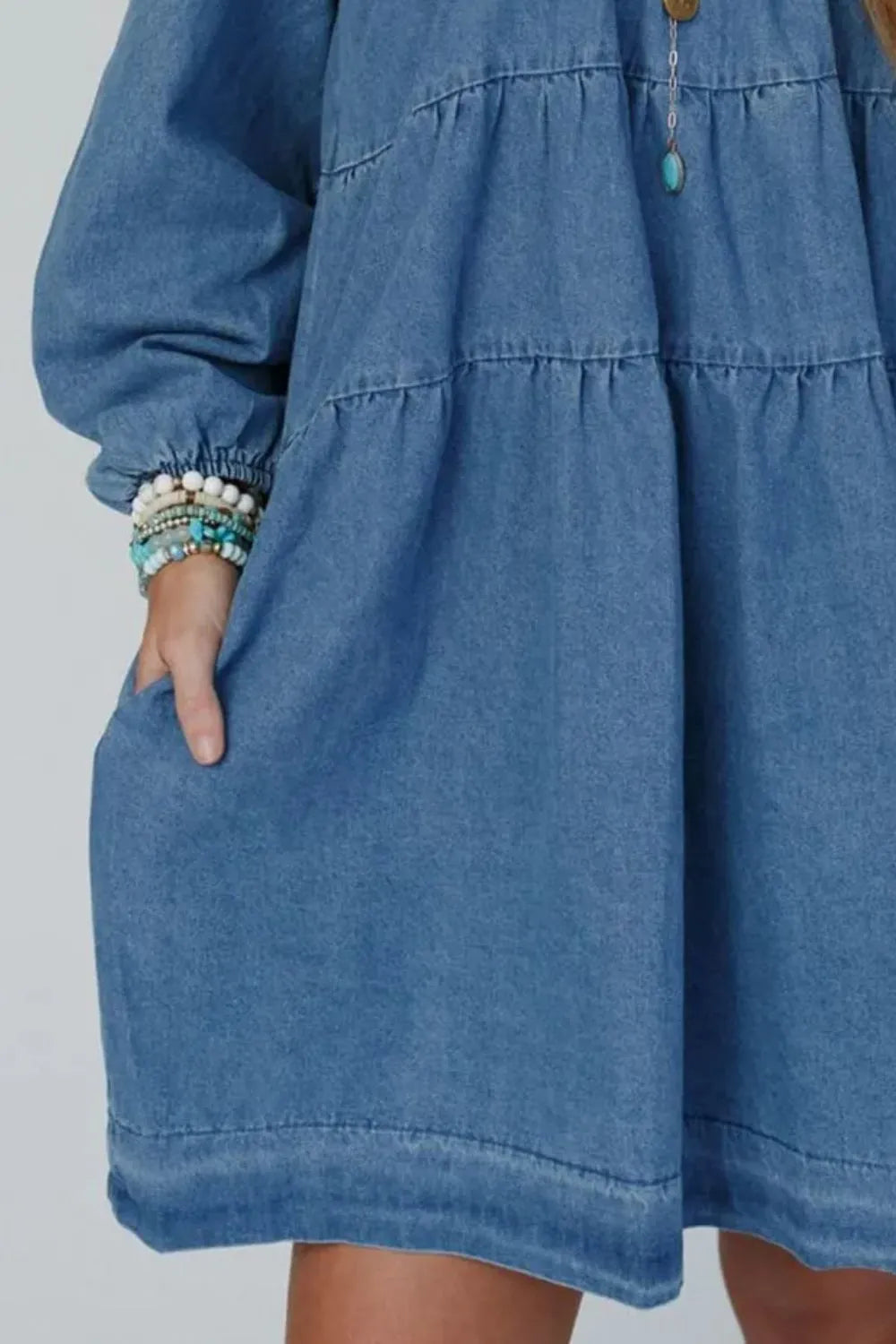 Tied Square Neck Long Sleeve Denim Dress with Pockets - LODIMAE FASHION 