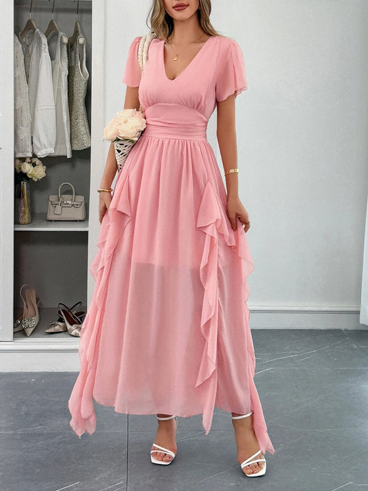 V-Neck Flutter Sleeve Dress - LODIMAE FASHION 