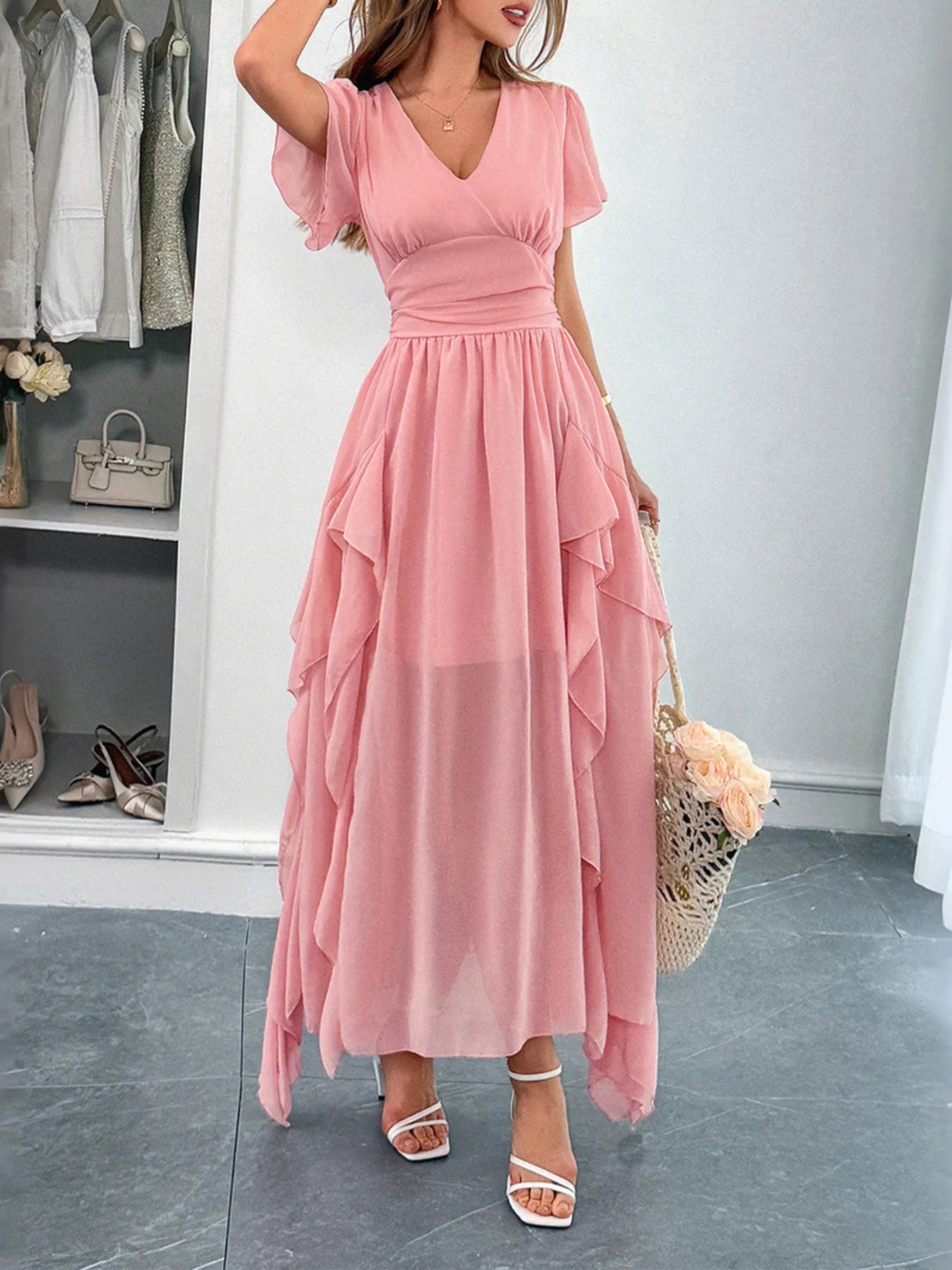 V-Neck Flutter Sleeve Dress - LODIMAE FASHION 