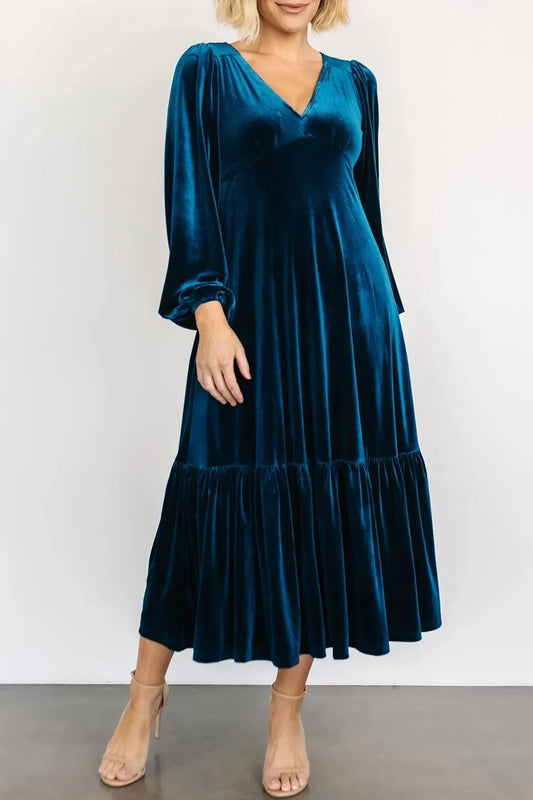 V-Neck Long Sleeve Midi Velvet Dress - LODIMAE FASHION 