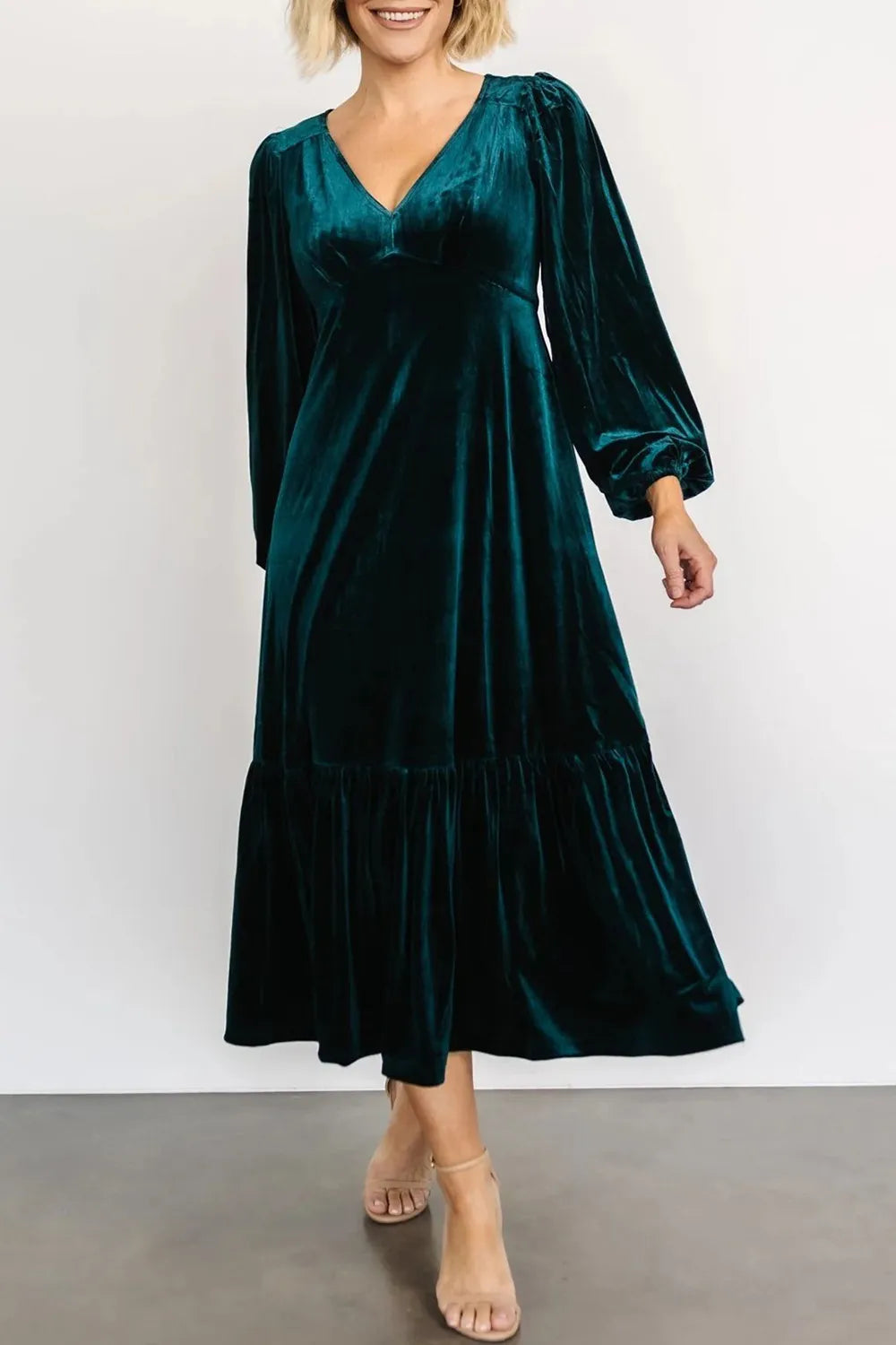 V-Neck Long Sleeve Midi Velvet Dress - LODIMAE FASHION 