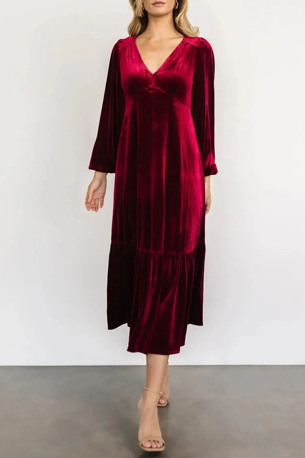 V-Neck Long Sleeve Midi Velvet Dress - LODIMAE FASHION 