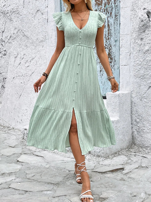 V-Neck Ruffled Cap Sleeve Dress - LODIMAE FASHION 