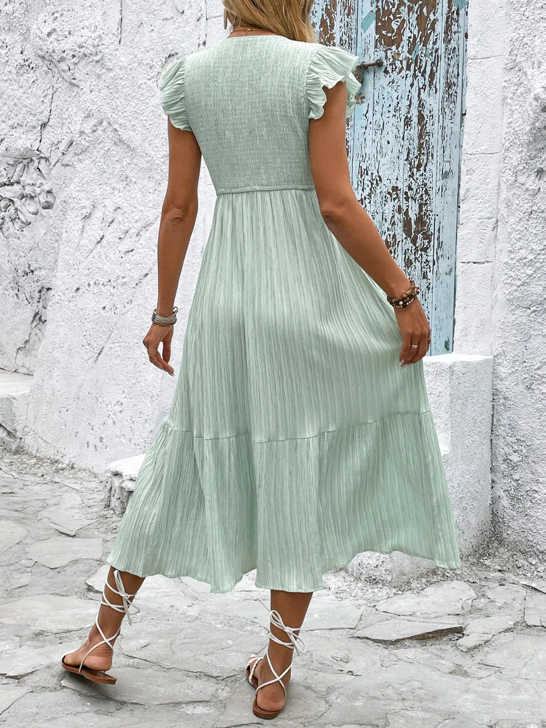 V-Neck Ruffled Cap Sleeve Dress - LODIMAE FASHION 