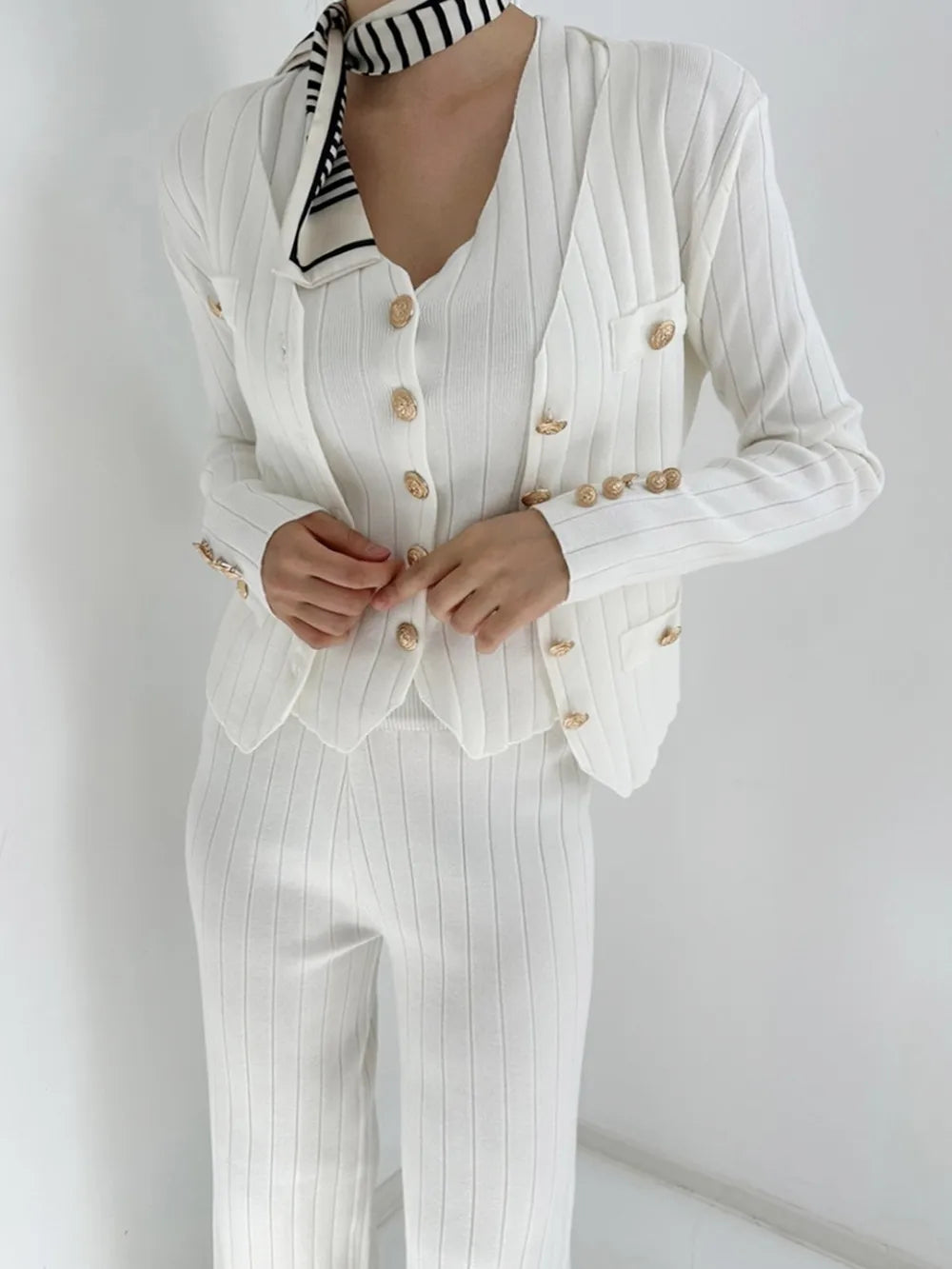 V-Neck Tank, Cardigan and Pants Three-Piece Sweater Set - Grace beauty H&C 
