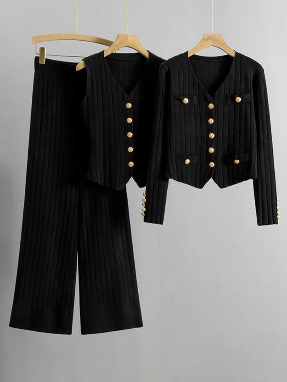 V-Neck Tank, Cardigan and Pants Three-Piece Sweater Set - LODIMAE FASHION 