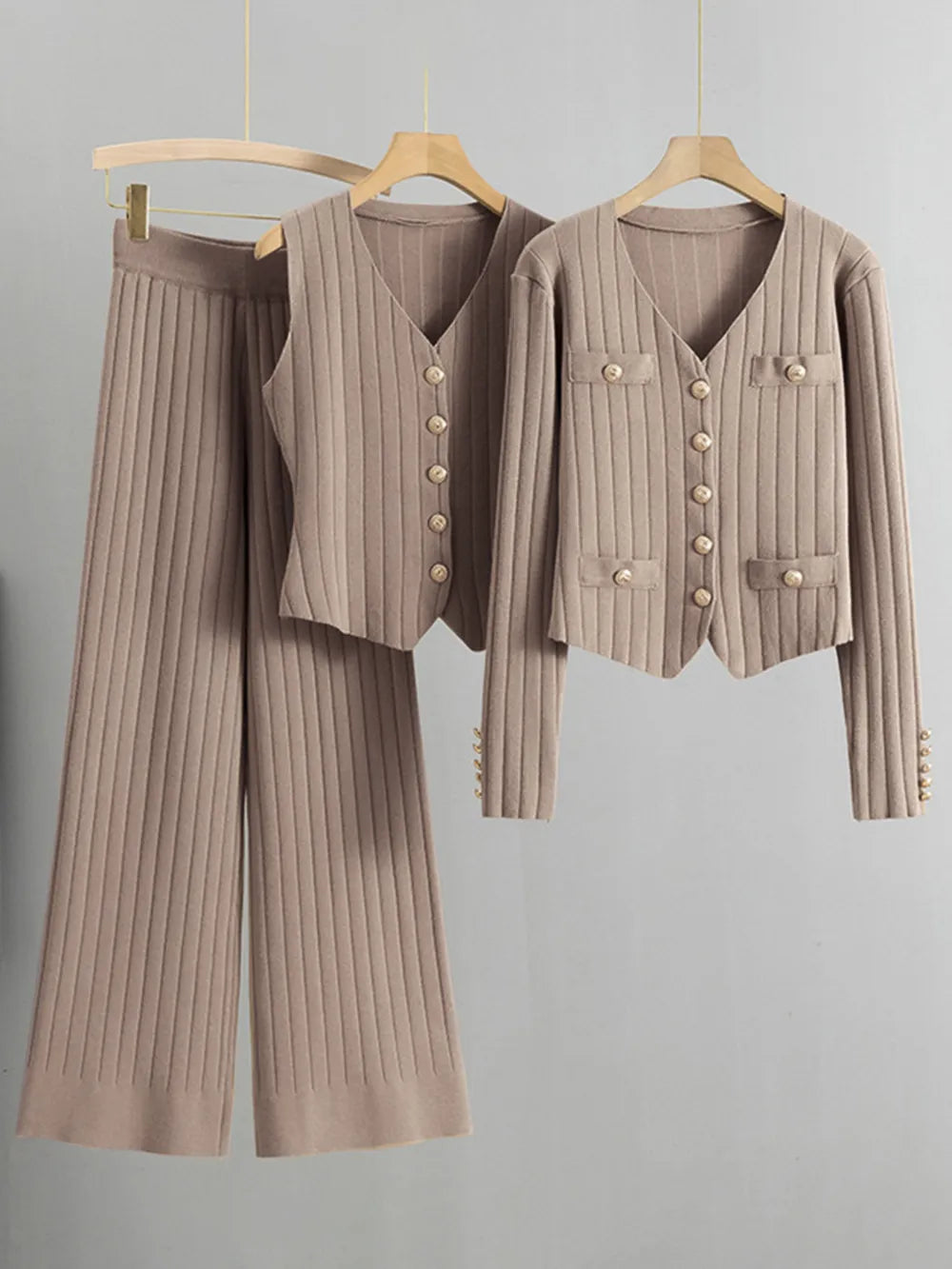 V-Neck Tank, Cardigan and Pants Three-Piece Sweater Set - LODIMAE FASHION 