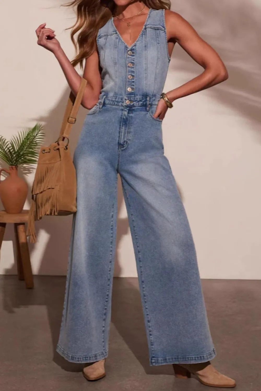 V-neck Wide Leg Denim Jumpsuit - LODIMAE FASHION 