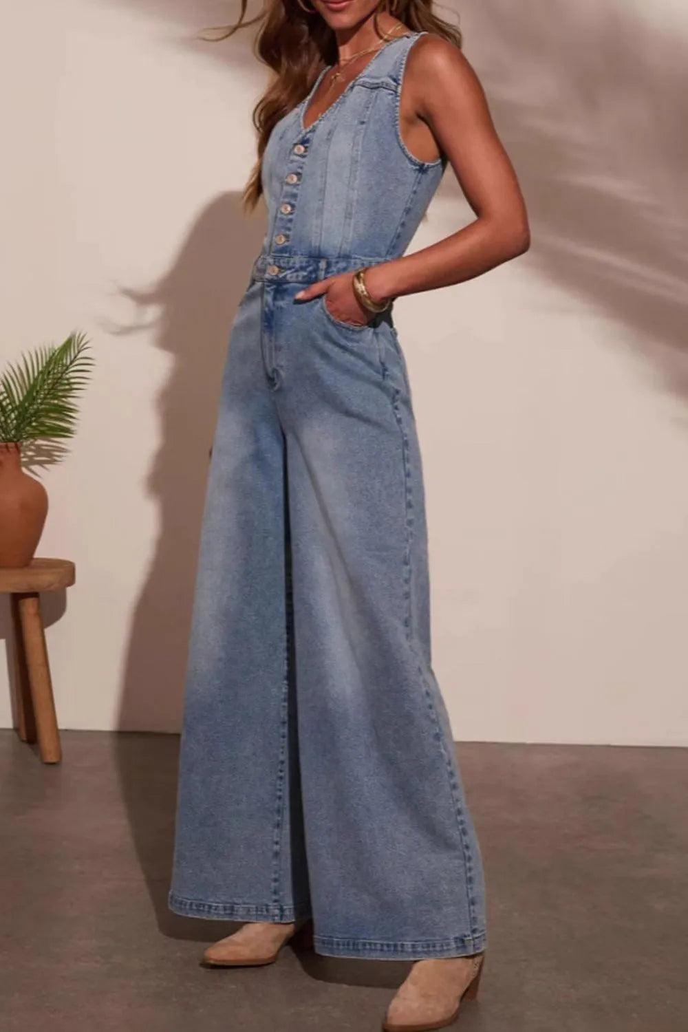 V-neck Wide Leg Denim Jumpsuit - LODIMAE FASHION 