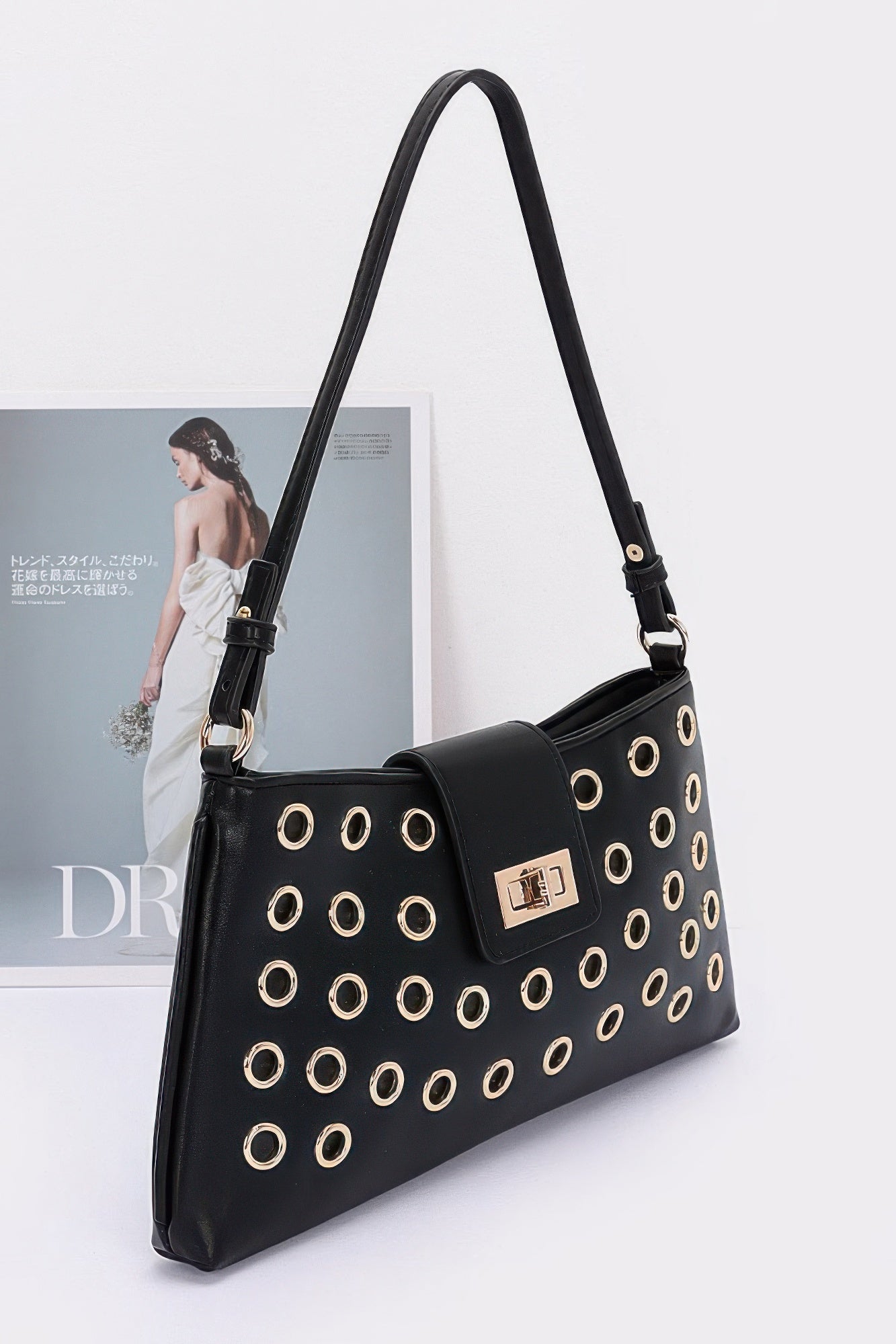 Faux Leather Eyelet Studded Shoulder Bag - LODIMAE FASHION 