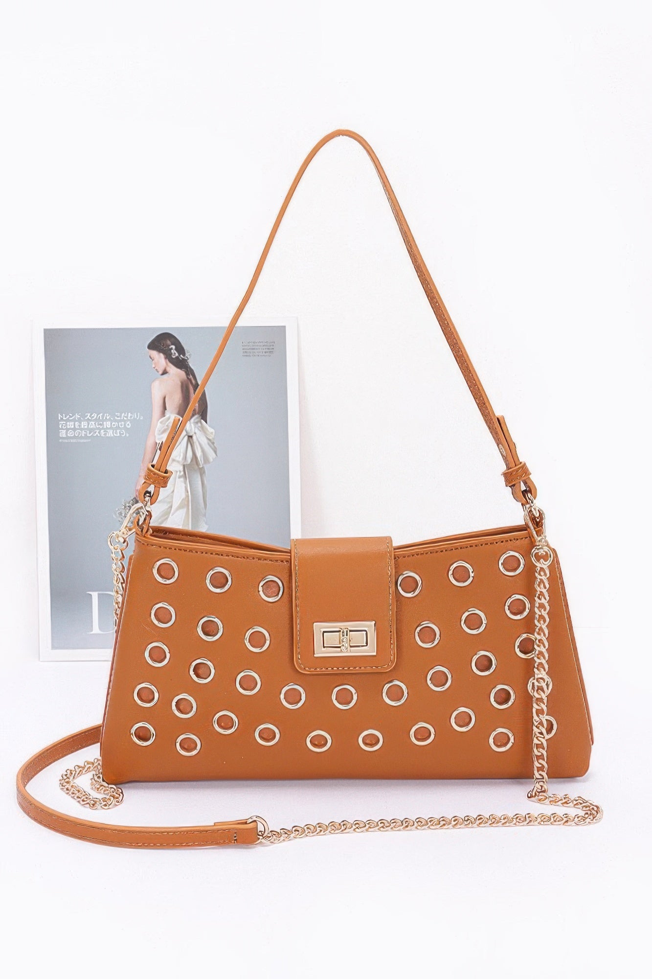 Faux Leather Eyelet Studded Shoulder Bag - LODIMAE FASHION 
