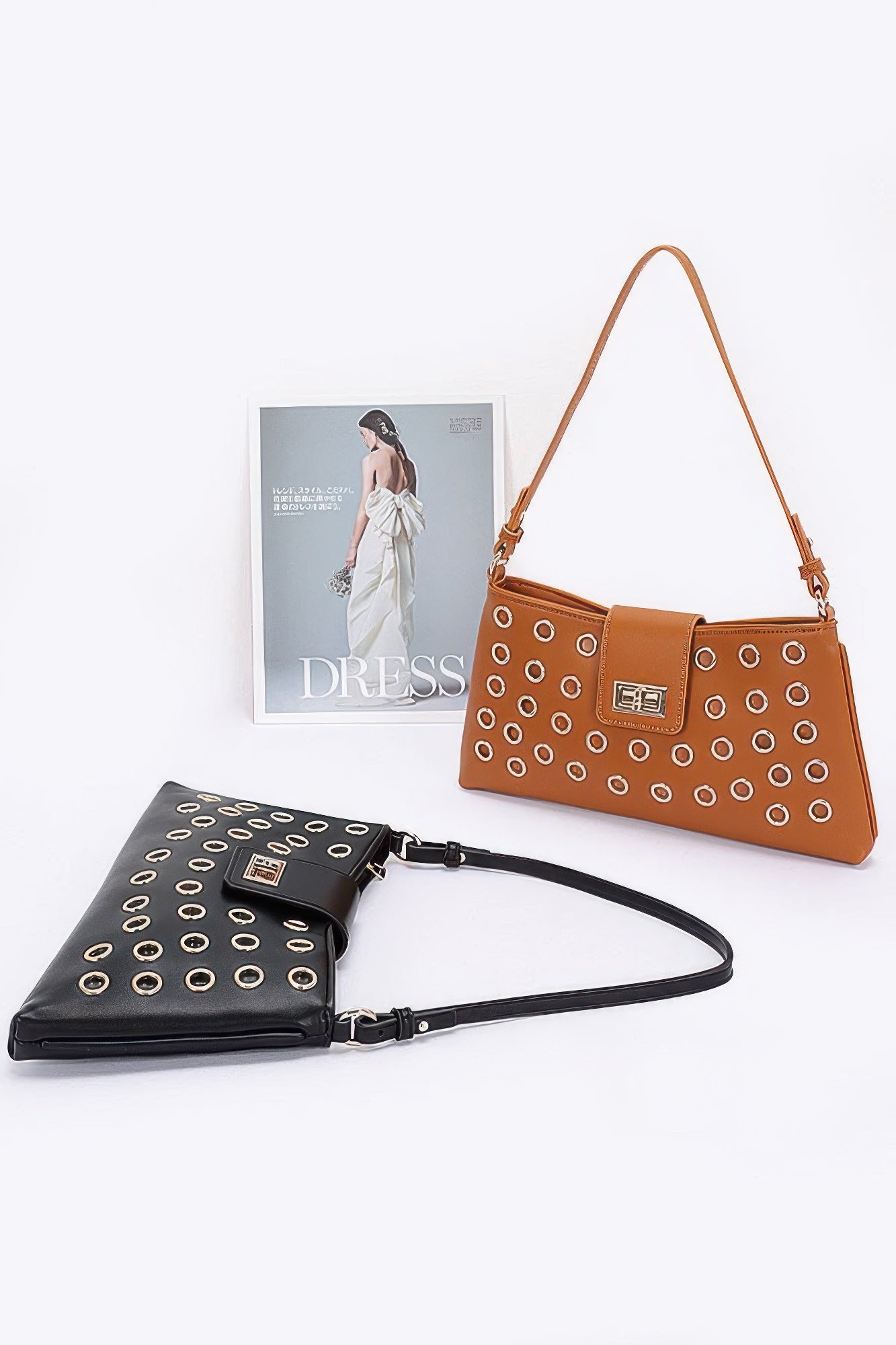 Faux Leather Eyelet Studded Shoulder Bag - LODIMAE FASHION 