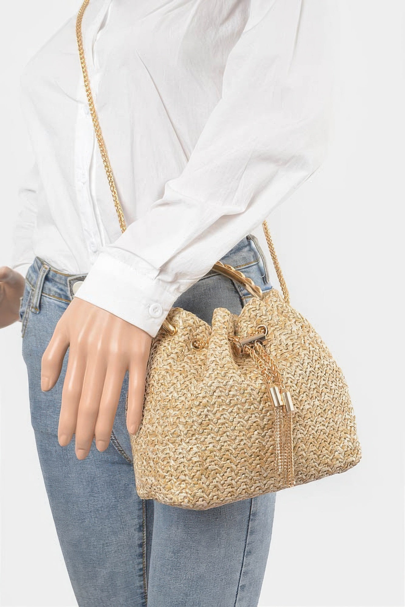 Faux Straw Bucket Bag W/stone Handle - LODIMAE FASHION 