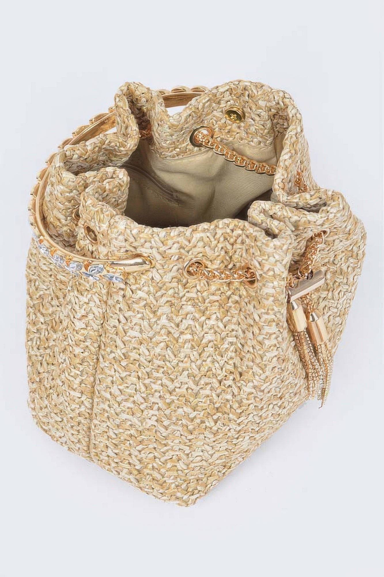 Faux Straw Bucket Bag W/stone Handle - LODIMAE FASHION 