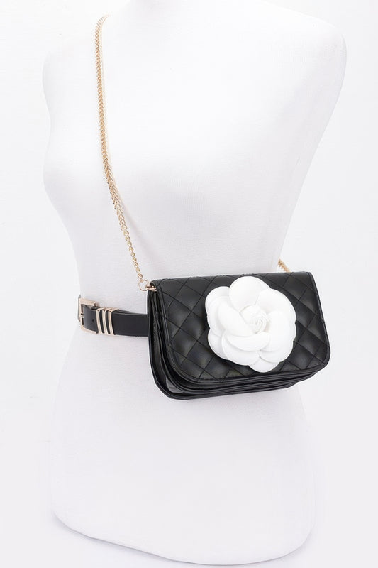 Faux Leather Quilted Flower Beltbag Shoulder Chain - LODIMAE FASHION 