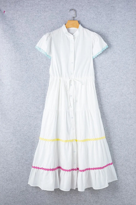 Women’s Contrast Trim Button-Up Short Sleeve Dress – Casual A-Line Dress - LODIMAE FASHION 