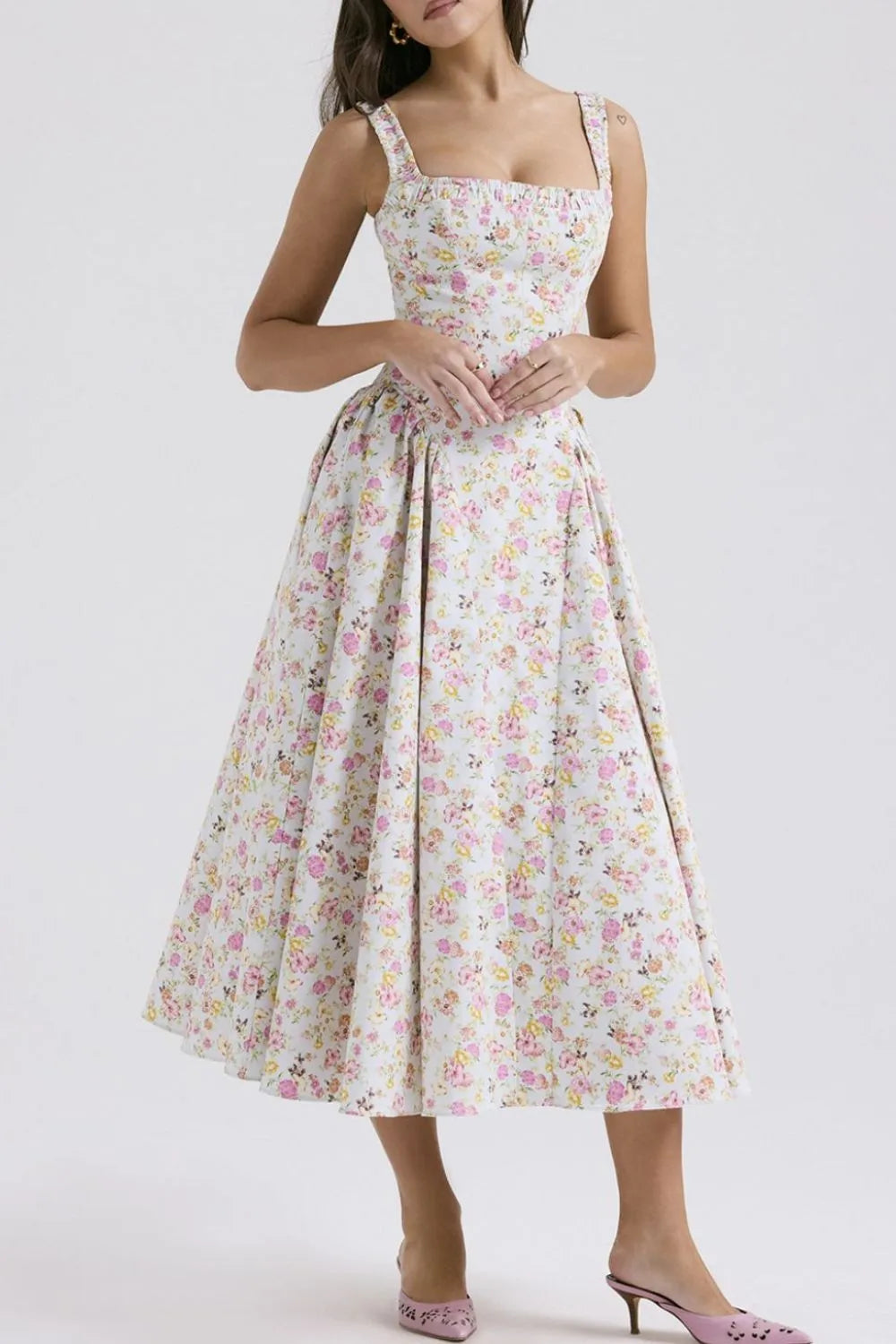 Women’s Floral Square Neck Wide Strap Midi Dress – Casual Summer Dress - LODIMAE FASHION 