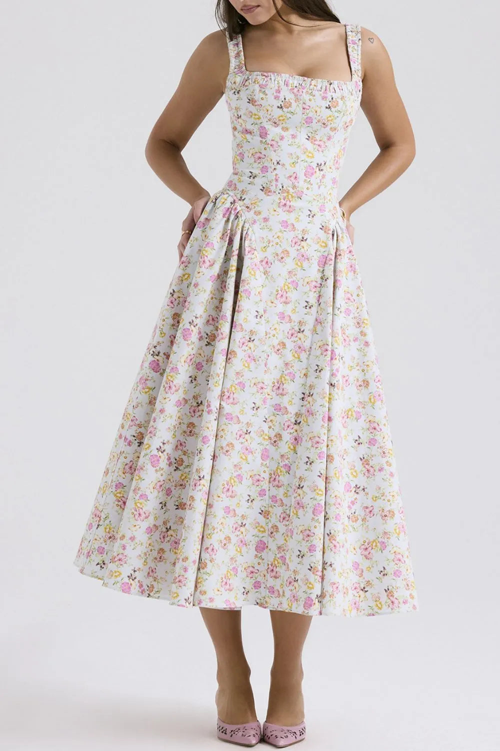 Women’s Floral Square Neck Wide Strap Midi Dress – Casual Summer Dress - LODIMAE FASHION 