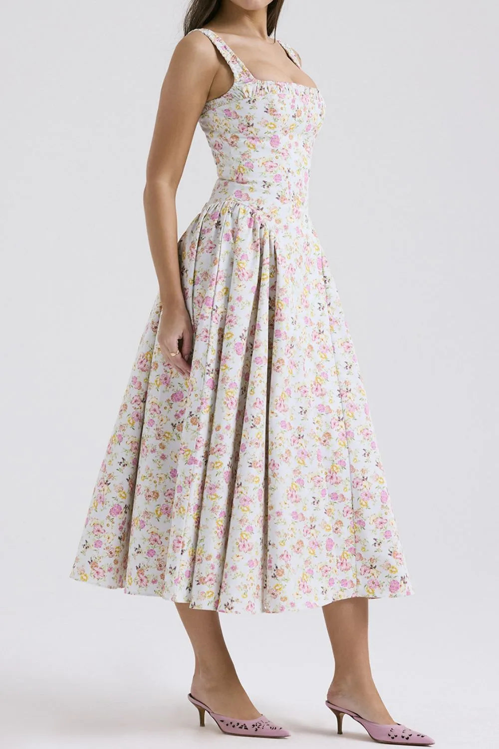 Women’s Floral Square Neck Wide Strap Midi Dress – Casual Summer Dress - LODIMAE FASHION 