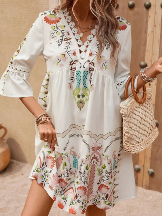 Women's Lace Detail Printed Dress – 3/4 Sleeve Casual Midi - LODIMAE FASHION 