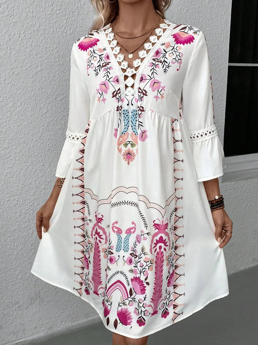 Women's Lace Detail Printed Dress – 3/4 Sleeve Casual Midi - LODIMAE FASHION 