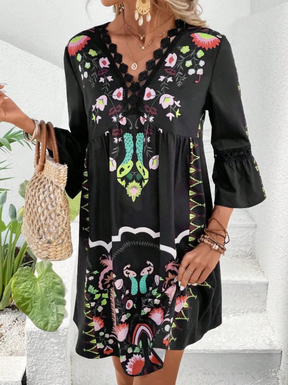 Women's Lace Detail Printed Dress – 3/4 Sleeve Casual Midi - LODIMAE FASHION 