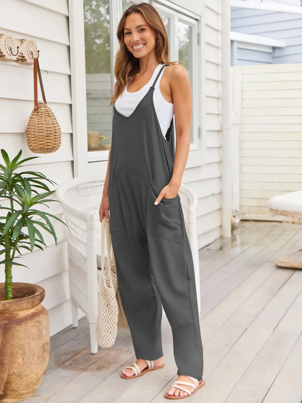 Women's V-Neck Spaghetti Strap Jumpsuit – Sleeveless One-Piece Outfit - LODIMAE FASHION 