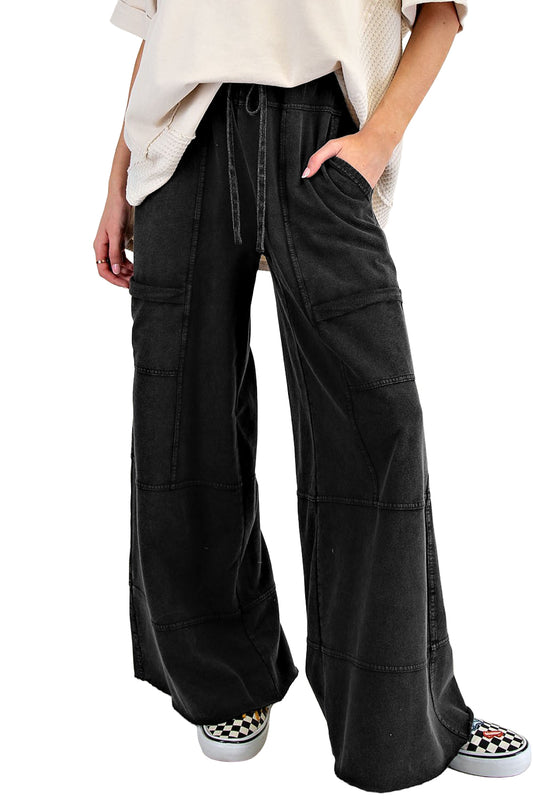 Black Mineral Wash Exposed Seam Wide Leg Cargo Pants - LODIMAE FASHION 