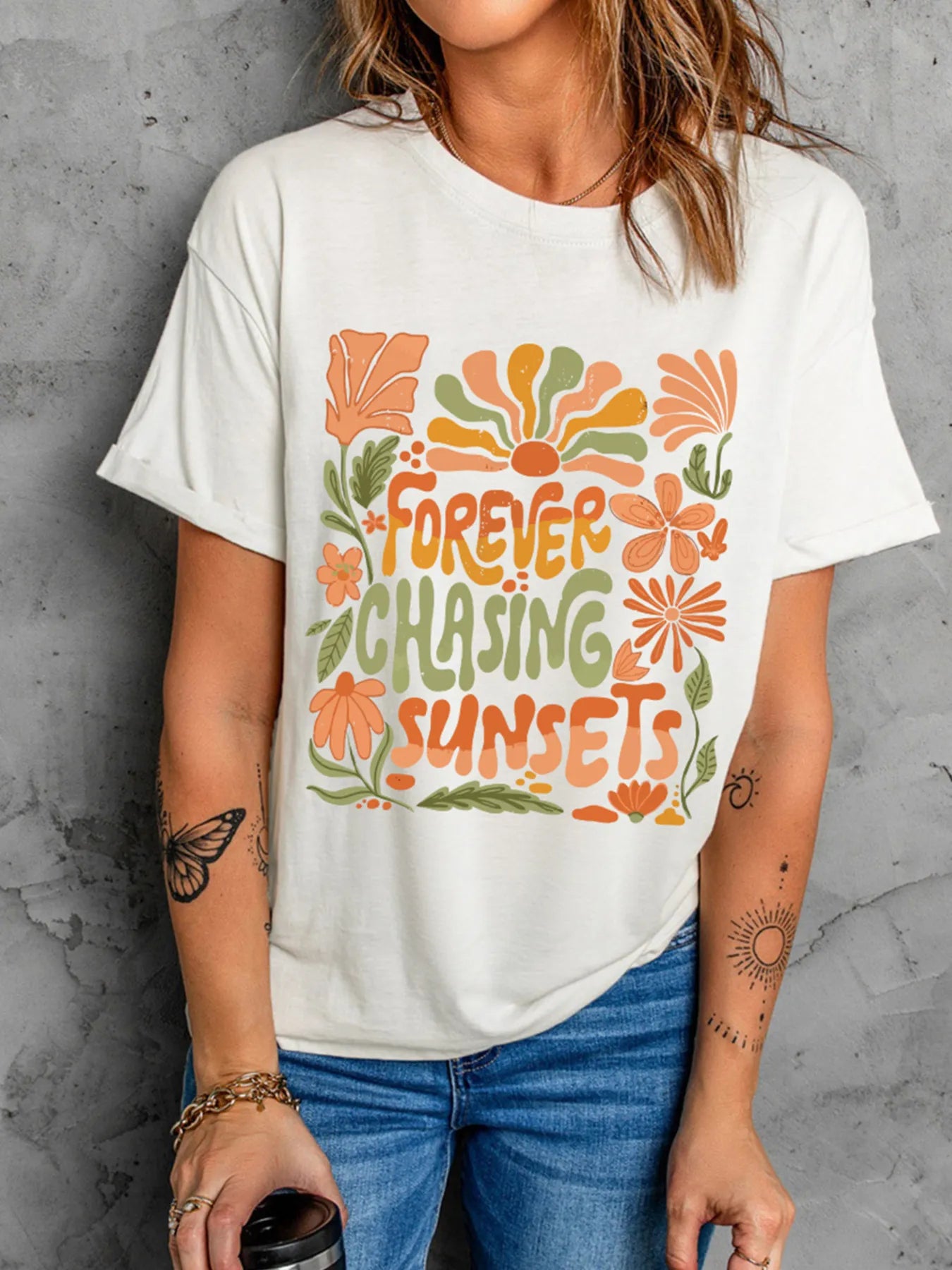 FOREVER CHASING SUNSETS Round Neck T Shirt - LODIMAE FASHION 